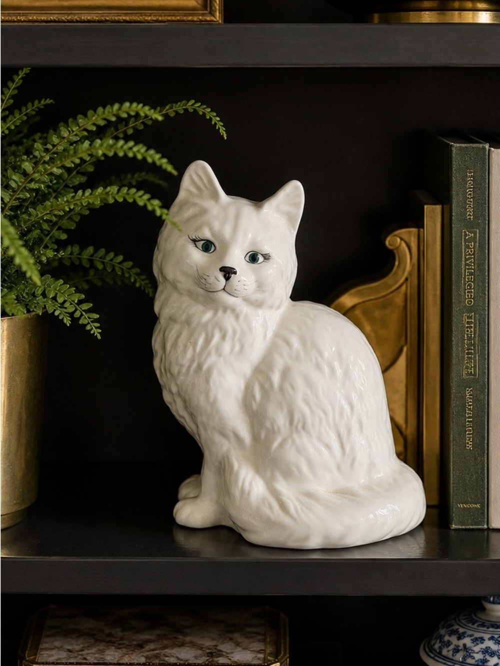 Vintage 1975 White Ceramic Cat Figurine Green Eyes